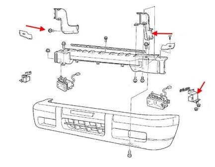 the scheme of fastening of the front bumper Isuzu Bighorn (Trooper) (1991 - 2004)